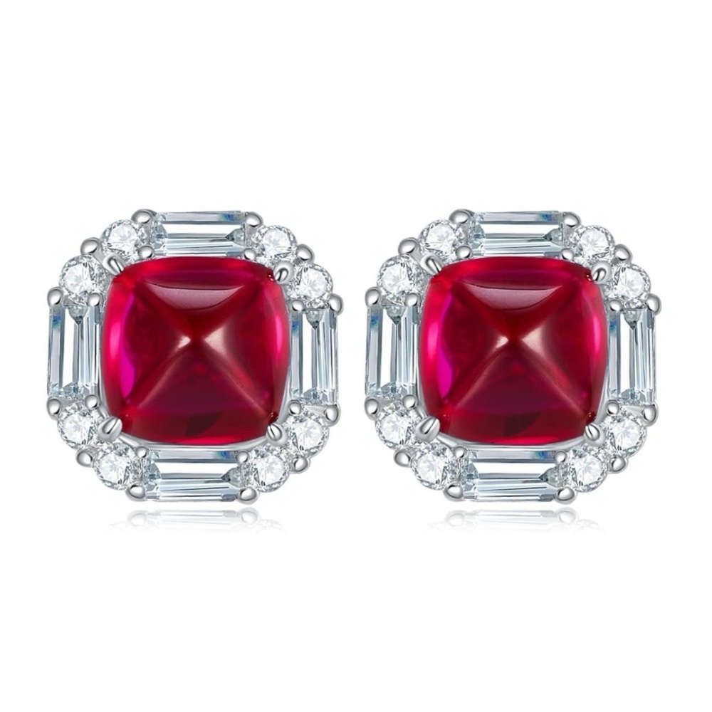 Ruby Red Stud Halo Earrings Lab Created Hypoallergenic 18k White Gold Plated